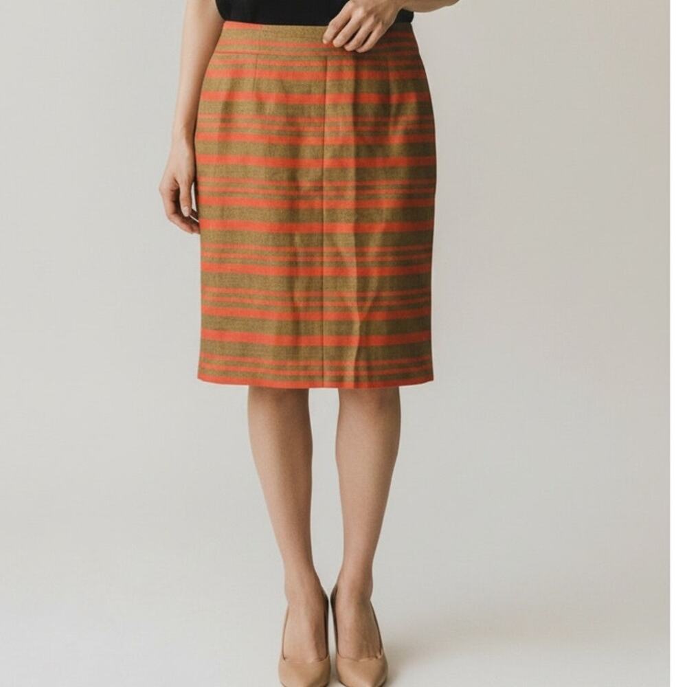 J. Crew Delfine Woven Weave Striped Straight Pencil Knee Skirt Slit 12 Tan Pink